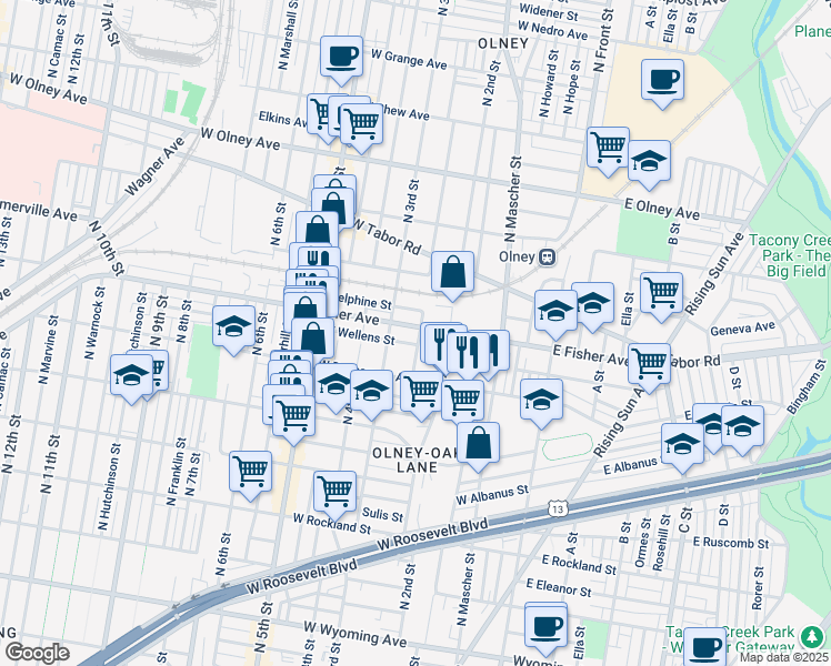 map of restaurants, bars, coffee shops, grocery stores, and more near 242 West Fisher Avenue in Philadelphia