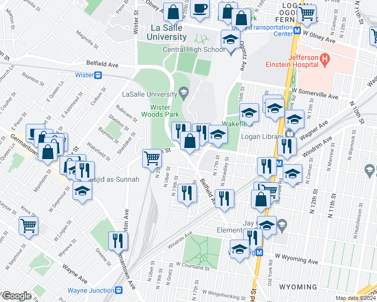 map of restaurants, bars, coffee shops, grocery stores, and more near 1839 West Ashdale Street in Philadelphia
