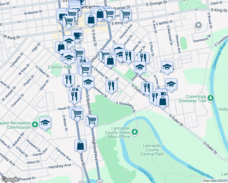 map of restaurants, bars, coffee shops, grocery stores, and more near 522 Woodward Street in Lancaster