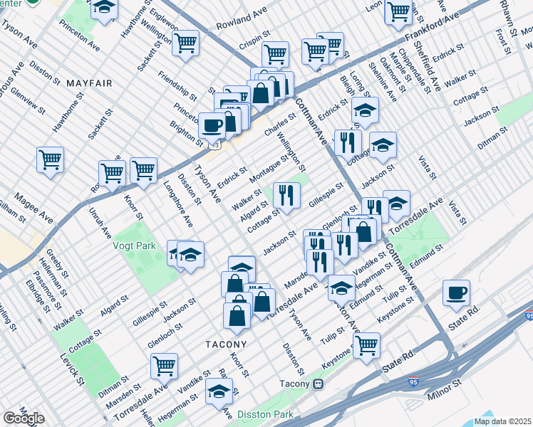 map of restaurants, bars, coffee shops, grocery stores, and more near 7040 Cottage Street in Philadelphia