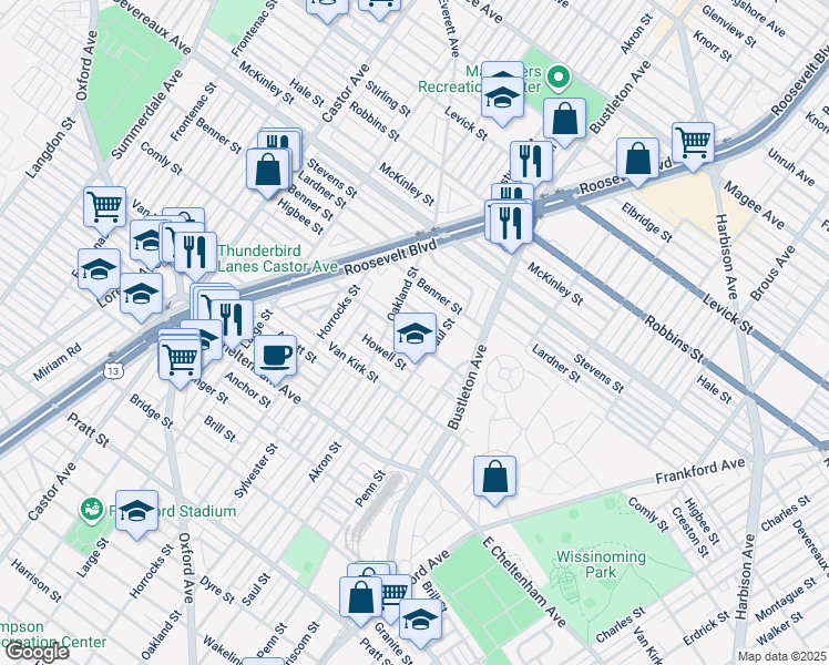 map of restaurants, bars, coffee shops, grocery stores, and more near 1623 East Comly Street in Philadelphia