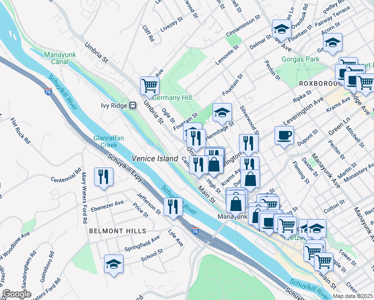 map of restaurants, bars, coffee shops, grocery stores, and more near 4682 Umbria Street in Philadelphia