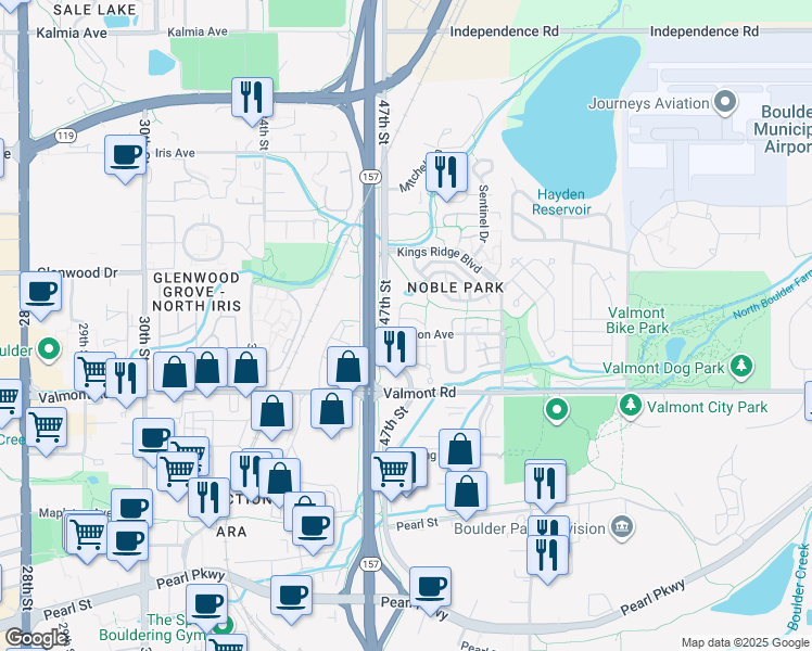 map of restaurants, bars, coffee shops, grocery stores, and more near 3083 Edison Court in Boulder