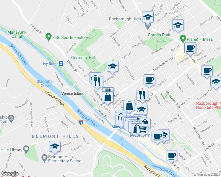 map of restaurants, bars, coffee shops, grocery stores, and more near 4640 Mansion Street in Philadelphia