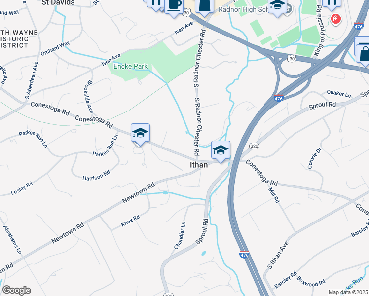map of restaurants, bars, coffee shops, grocery stores, and more near 575 Conestoga Road in Villanova
