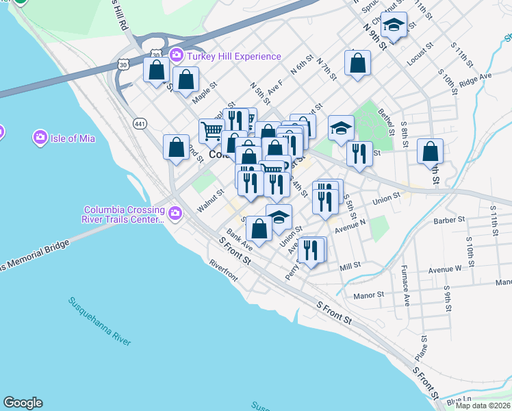 map of restaurants, bars, coffee shops, grocery stores, and more near 31 South 2nd Street in Columbia