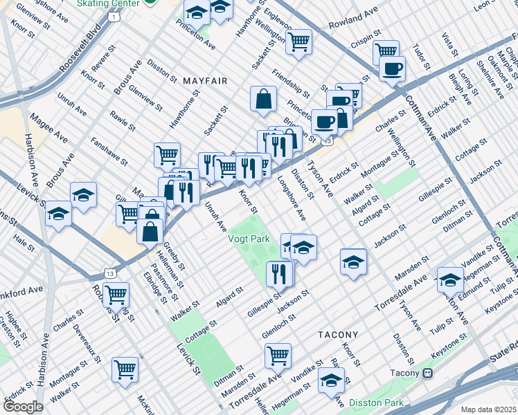 map of restaurants, bars, coffee shops, grocery stores, and more near 4119 Knorr Street in Philadelphia