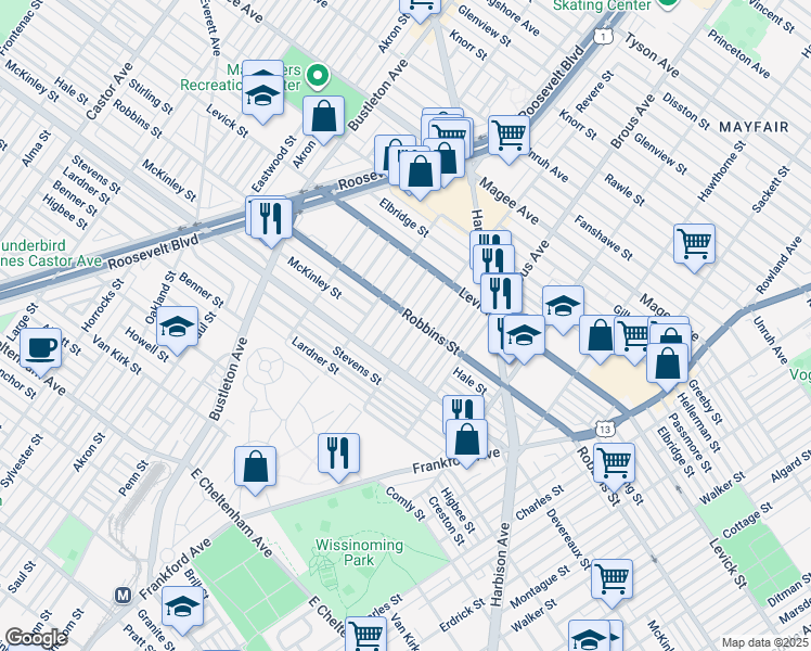 map of restaurants, bars, coffee shops, grocery stores, and more near 6246 Revere Street in Philadelphia