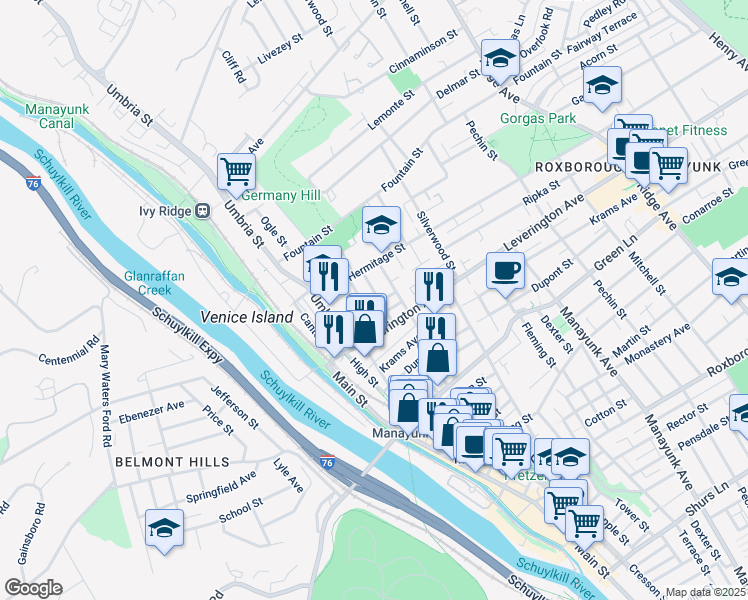 map of restaurants, bars, coffee shops, grocery stores, and more near 4640 Mansion Street in Philadelphia