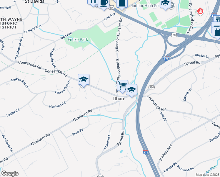 map of restaurants, bars, coffee shops, grocery stores, and more near 575 Conestoga Road in Villanova