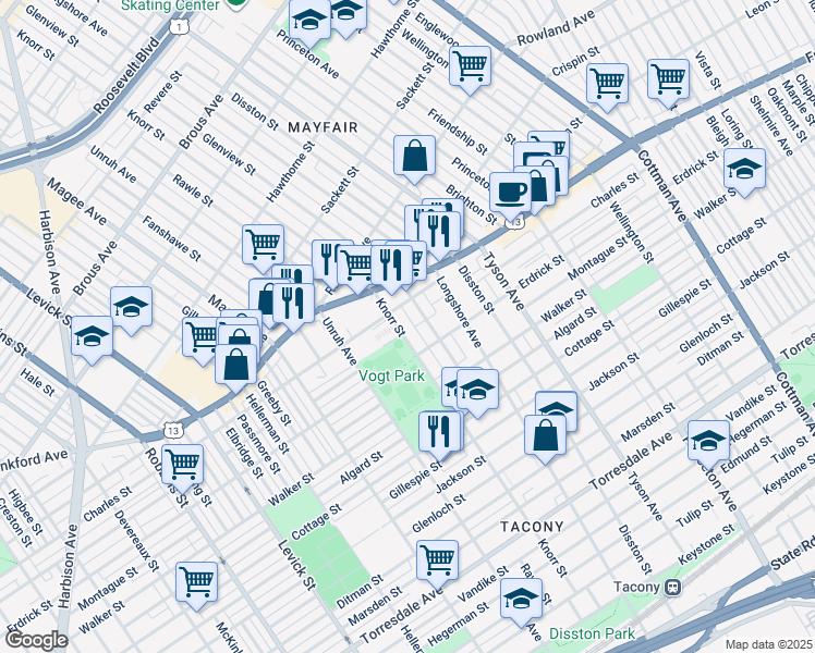 map of restaurants, bars, coffee shops, grocery stores, and more near 4119 Knorr Street in Philadelphia