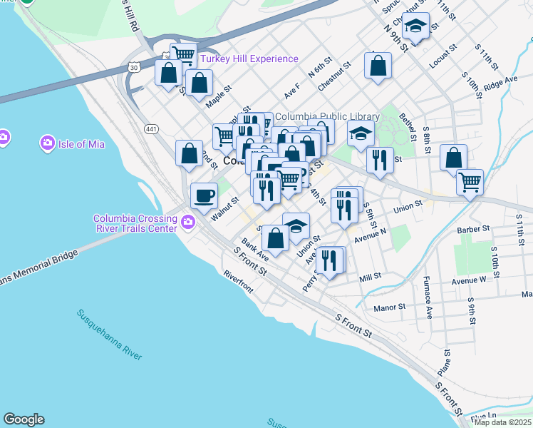 map of restaurants, bars, coffee shops, grocery stores, and more near 31 South 2nd Street in Columbia