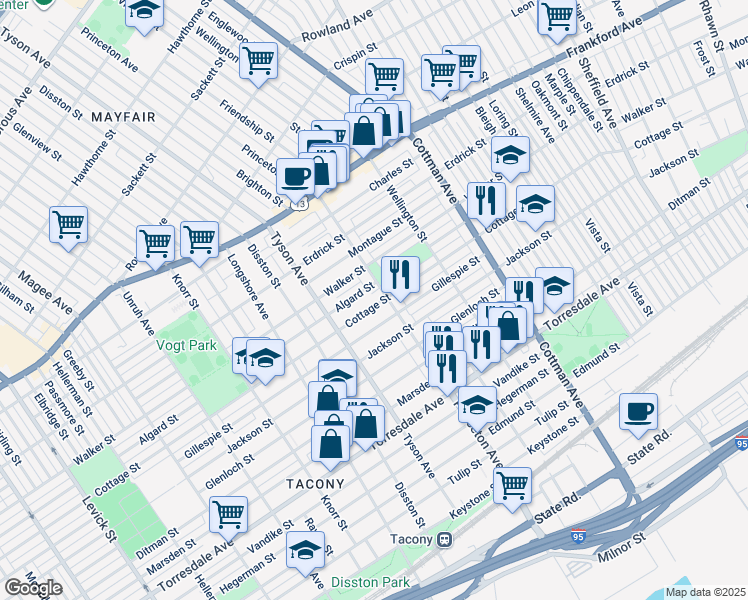 map of restaurants, bars, coffee shops, grocery stores, and more near 7040 Cottage Street in Philadelphia