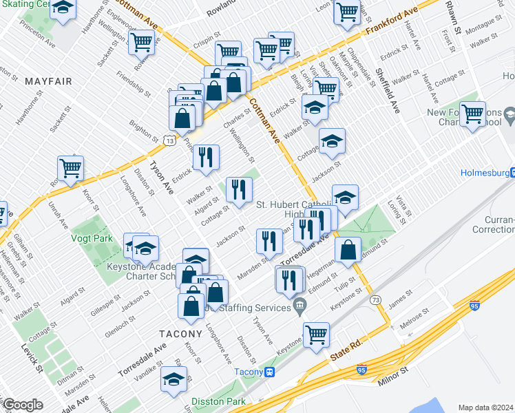 map of restaurants, bars, coffee shops, grocery stores, and more near 7145 Gillespie Street in Philadelphia