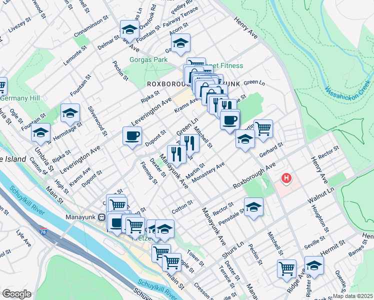 map of restaurants, bars, coffee shops, grocery stores, and more near 4415 Pechin Street in Philadelphia