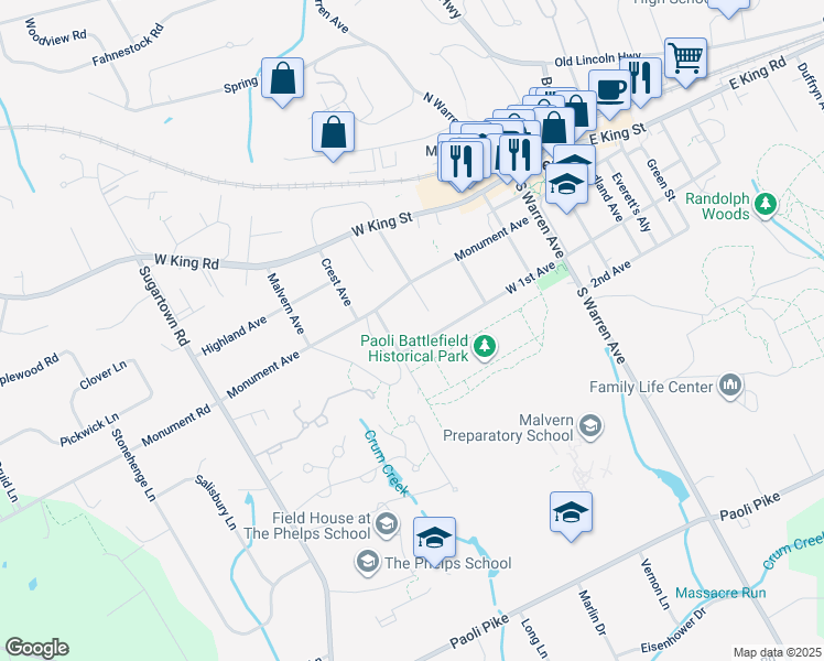 map of restaurants, bars, coffee shops, grocery stores, and more near 323 West 1st Avenue in Malvern