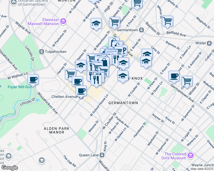 map of restaurants, bars, coffee shops, grocery stores, and more near 156 Maplewood Avenue in Philadelphia