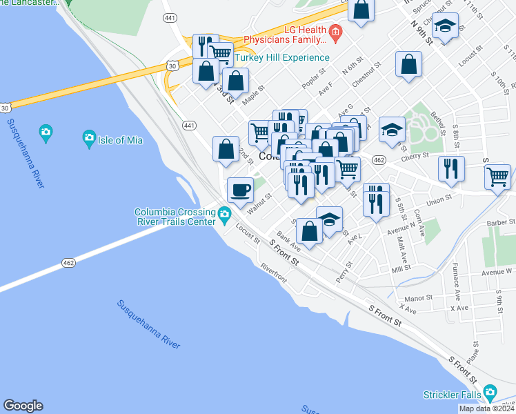map of restaurants, bars, coffee shops, grocery stores, and more near 128 Walnut Street in Columbia