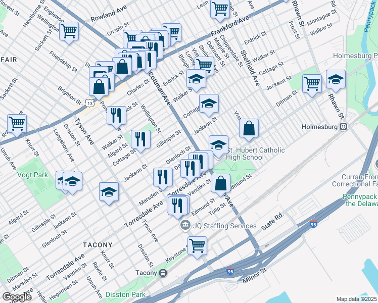 map of restaurants, bars, coffee shops, grocery stores, and more near 7237 Glenloch Street in Philadelphia
