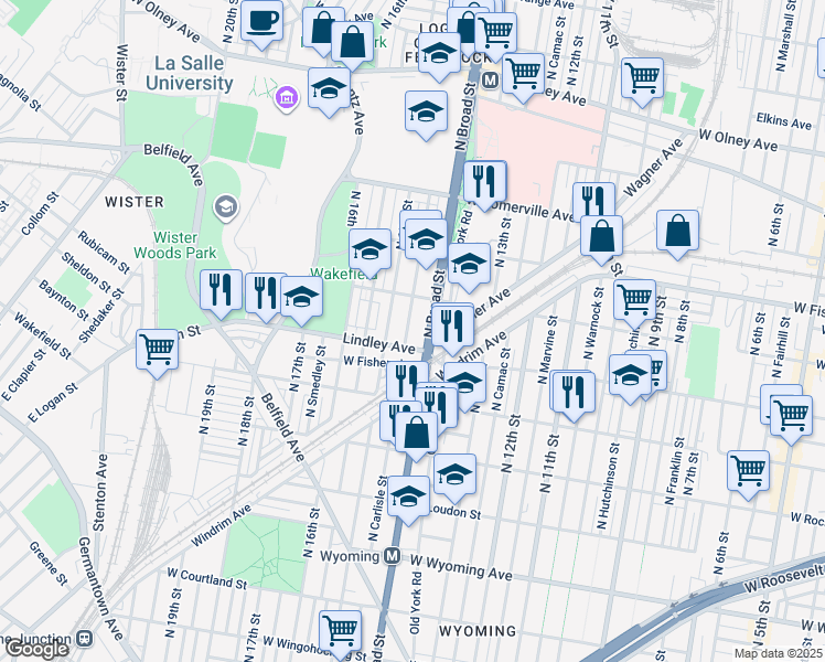 map of restaurants, bars, coffee shops, grocery stores, and more near 5113 North Carlisle Street in Philadelphia