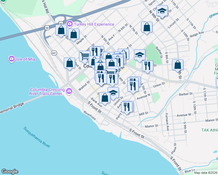 map of restaurants, bars, coffee shops, grocery stores, and more near 336 Locust Street in Columbia