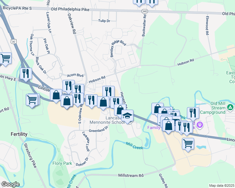 map of restaurants, bars, coffee shops, grocery stores, and more near 36 Harvest Road in Lancaster