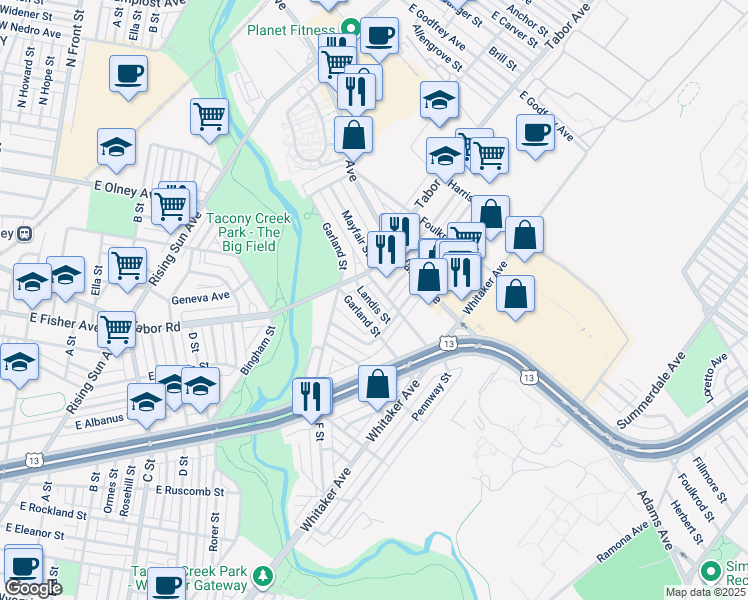 map of restaurants, bars, coffee shops, grocery stores, and more near 725 Landis Street in Philadelphia