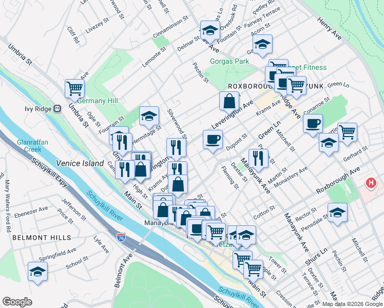 map of restaurants, bars, coffee shops, grocery stores, and more near 296 Leverington Avenue in Philadelphia