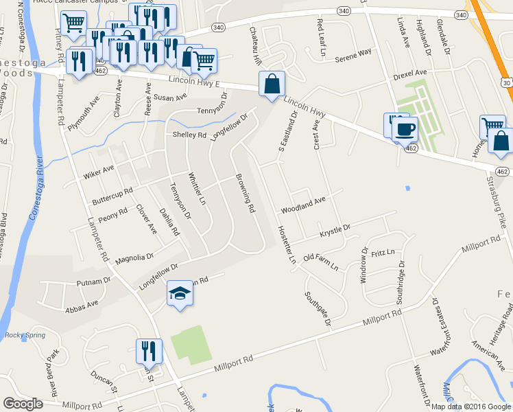 map of restaurants, bars, coffee shops, grocery stores, and more near 235 Browning Road in Lancaster