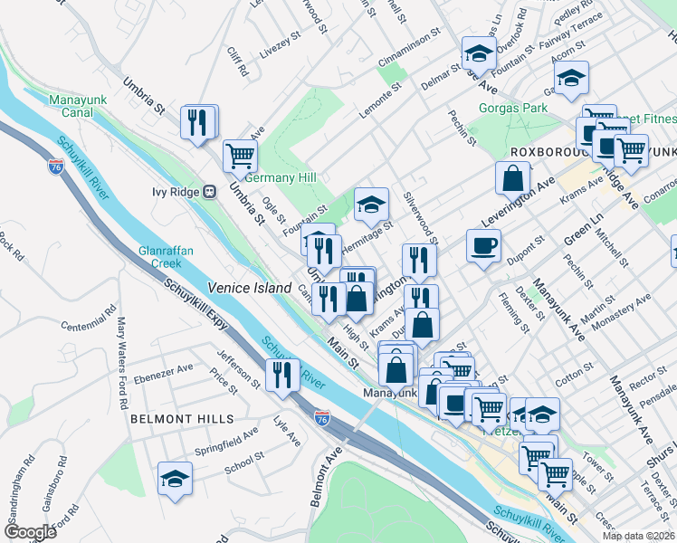 map of restaurants, bars, coffee shops, grocery stores, and more near 210 Hermitage Street in Philadelphia