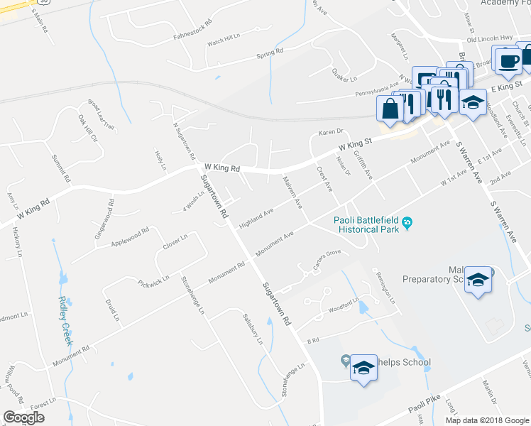 map of restaurants, bars, coffee shops, grocery stores, and more near 563 Highland Avenue in Malvern