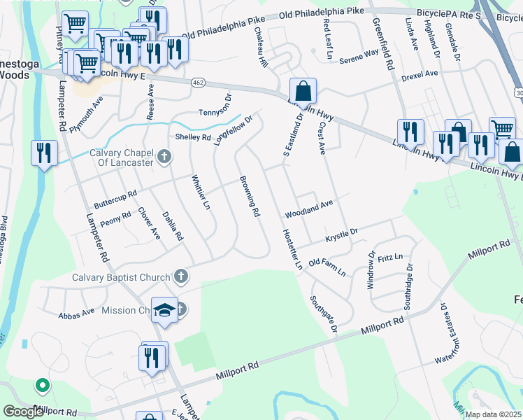 map of restaurants, bars, coffee shops, grocery stores, and more near 235 Browning Road in Lancaster