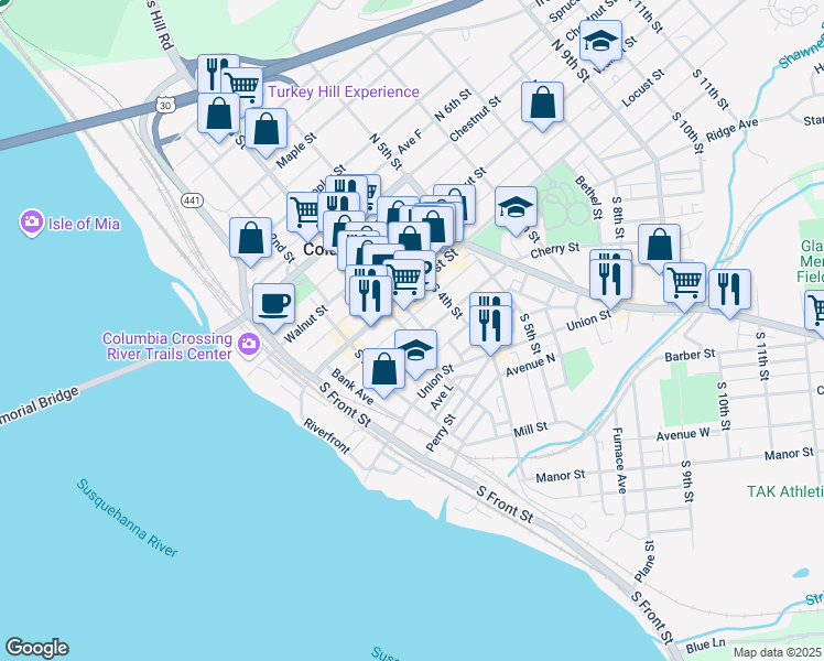 map of restaurants, bars, coffee shops, grocery stores, and more near 35 South 3rd Street in Columbia