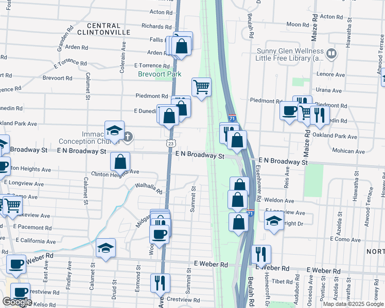 map of restaurants, bars, coffee shops, grocery stores, and more near E North Broadway St & N Broadway Ln in Columbus
