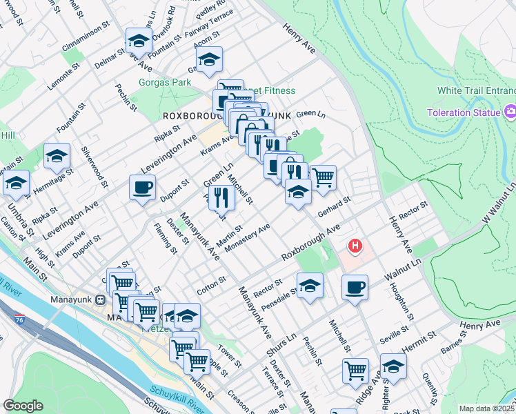 map of restaurants, bars, coffee shops, grocery stores, and more near 446 Martin Street in Philadelphia