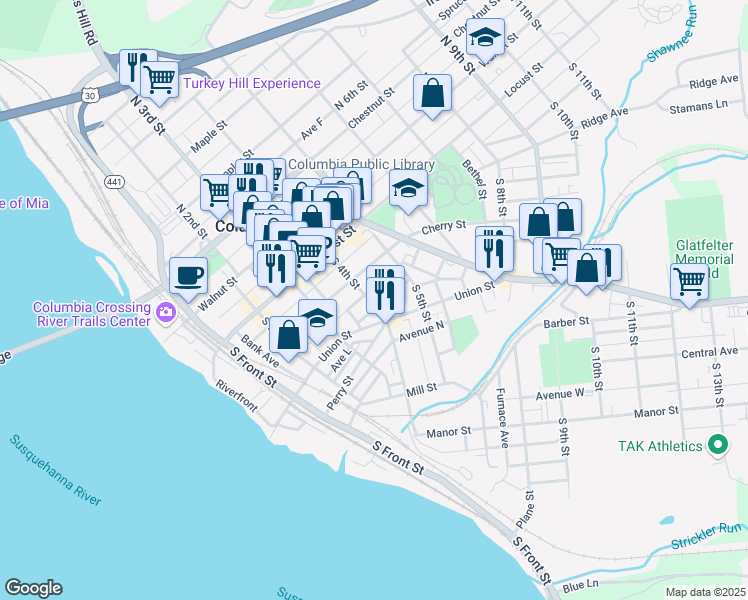 map of restaurants, bars, coffee shops, grocery stores, and more near 139 South 4th Street in Columbia