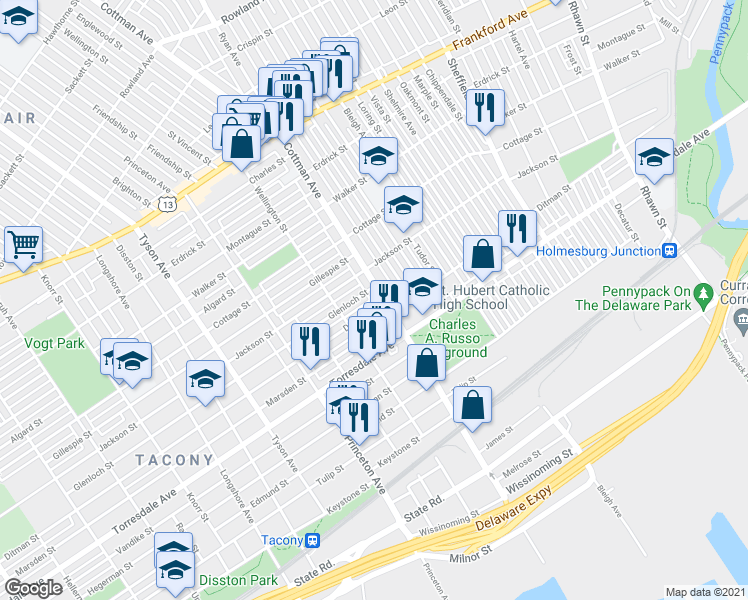 map of restaurants, bars, coffee shops, grocery stores, and more near 4534 Cottman Avenue in Philadelphia