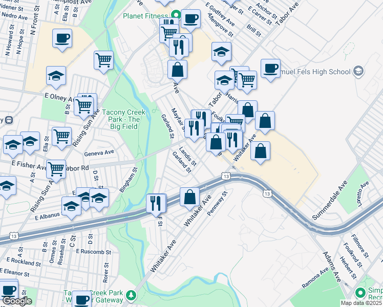 map of restaurants, bars, coffee shops, grocery stores, and more near 728 Mayfair Street in Philadelphia