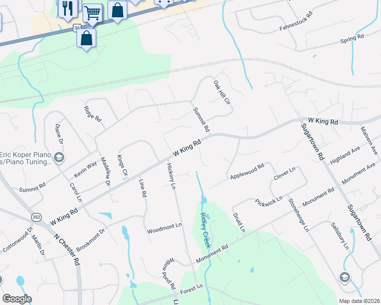 map of restaurants, bars, coffee shops, grocery stores, and more near 836 West King Road in Malvern