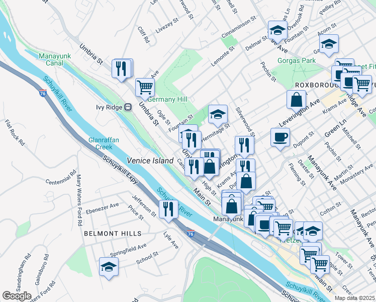 map of restaurants, bars, coffee shops, grocery stores, and more near 4663 Umbria Street in Philadelphia