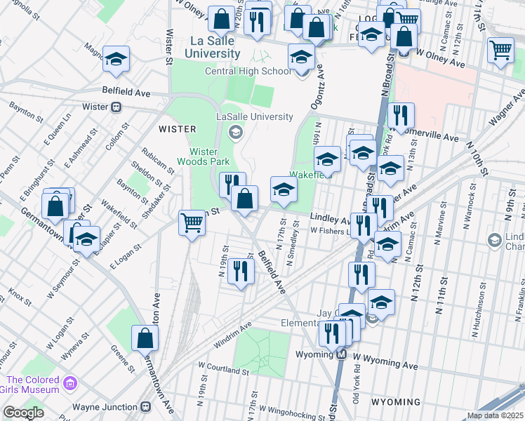 map of restaurants, bars, coffee shops, grocery stores, and more near 1800 Lindley Avenue in Philadelphia