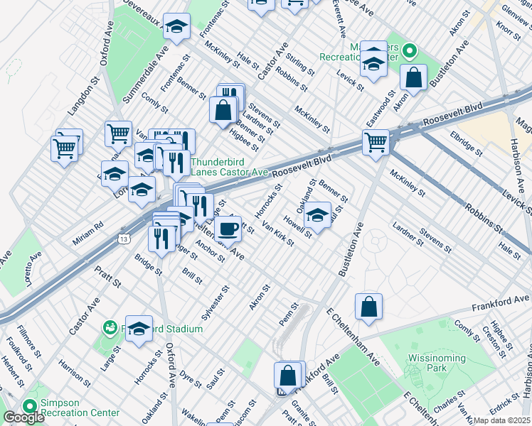 map of restaurants, bars, coffee shops, grocery stores, and more near 5915 Horrocks Street in Philadelphia