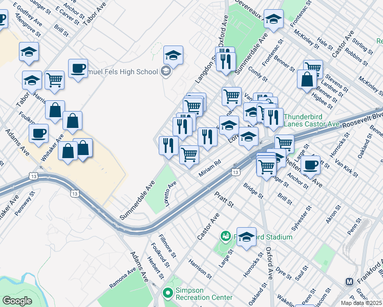 map of restaurants, bars, coffee shops, grocery stores, and more near 939 Granite Street in Philadelphia