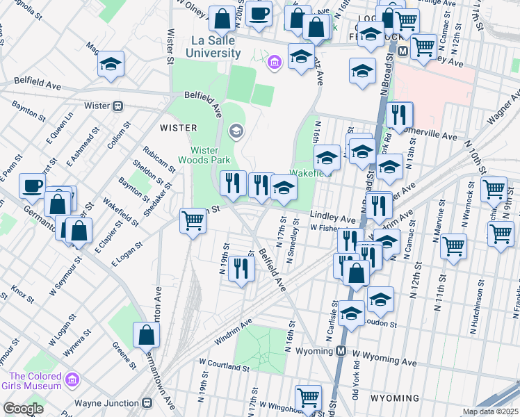 map of restaurants, bars, coffee shops, grocery stores, and more near 1806 Lindley Avenue in Philadelphia