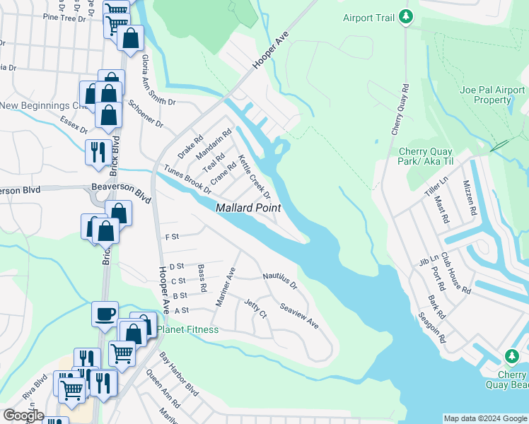 map of restaurants, bars, coffee shops, grocery stores, and more near 31 Kettle Creek Drive in Brick