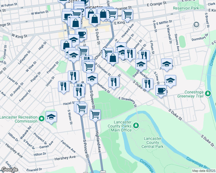 map of restaurants, bars, coffee shops, grocery stores, and more near 472 Atlantic Avenue in Lancaster