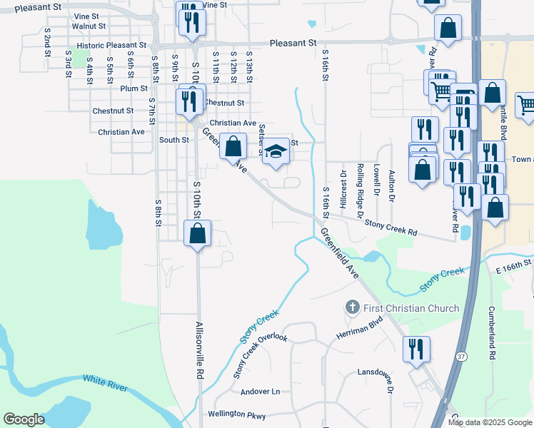 map of restaurants, bars, coffee shops, grocery stores, and more near 1435 Greenfield Avenue in Noblesville