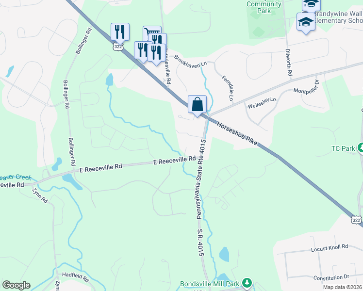 map of restaurants, bars, coffee shops, grocery stores, and more near 2092 Bondsville Road in Downingtown