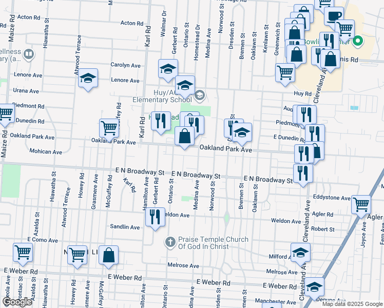 map of restaurants, bars, coffee shops, grocery stores, and more near 1465 Oakland Park Avenue in Columbus