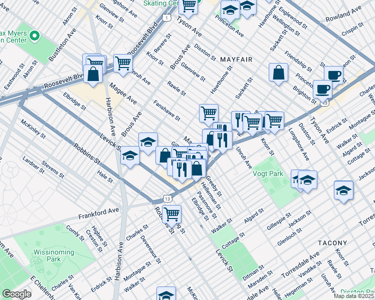 map of restaurants, bars, coffee shops, grocery stores, and more near 3135 Gilham Street in Philadelphia